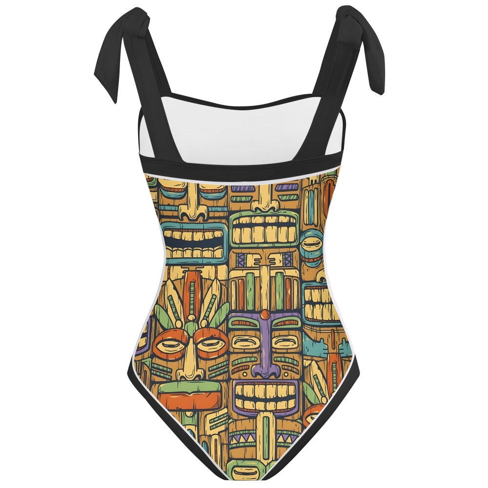 Boho Tribal Print One-Piece Swimsuit with Matching Sarong Skirt