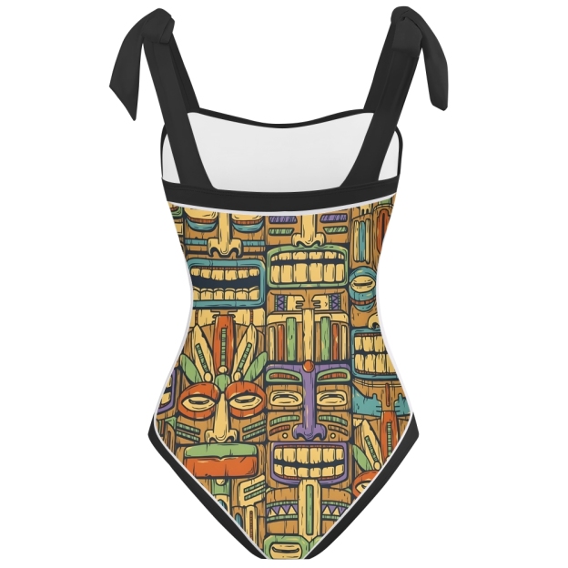 Boho Tribal Print One-Piece Swimsuit with Matching Sarong Skirt