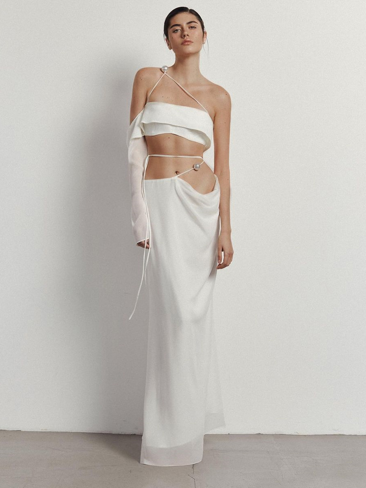 Ruffled bandeau one-shoulder top and skirt
