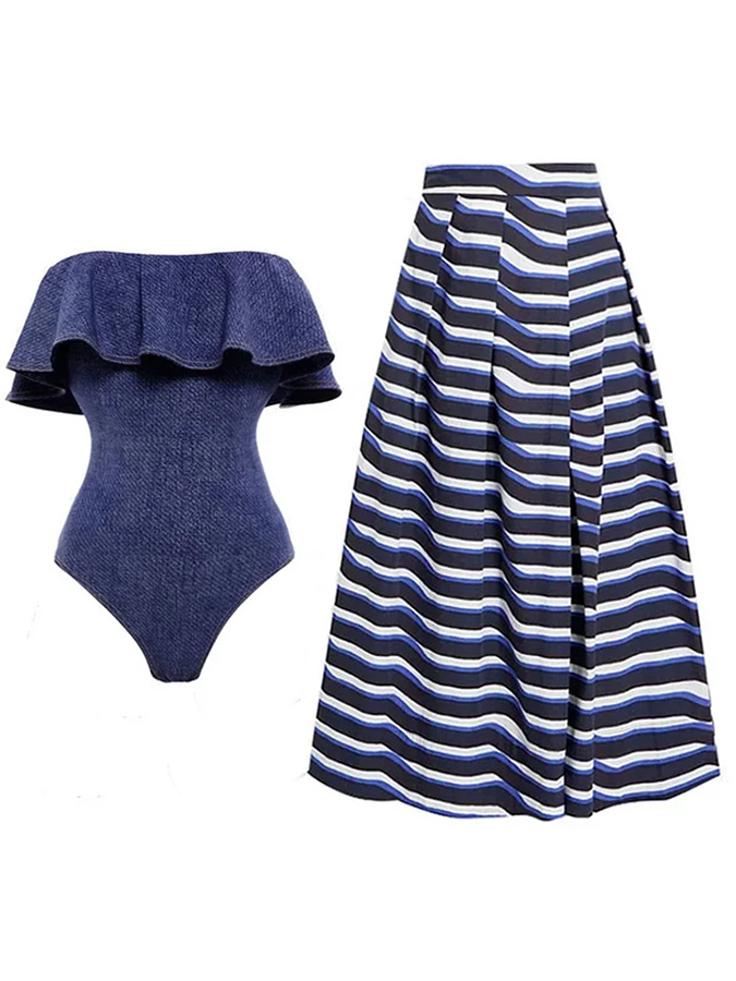Ruffle Off Shoulder One Piece and Stripes Skirt Swimwear