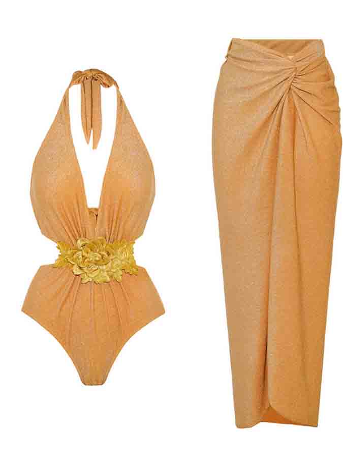 Gold Embroidered Halterneck Cutout Swimsuit and sarong