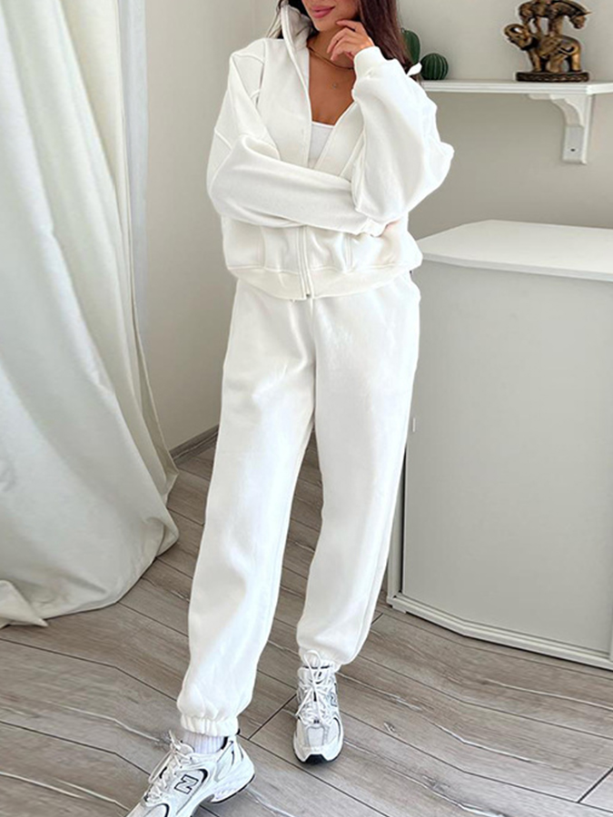 Plush Standing Collar Long Sleeved Sweatshirt and Pants Casual Suit