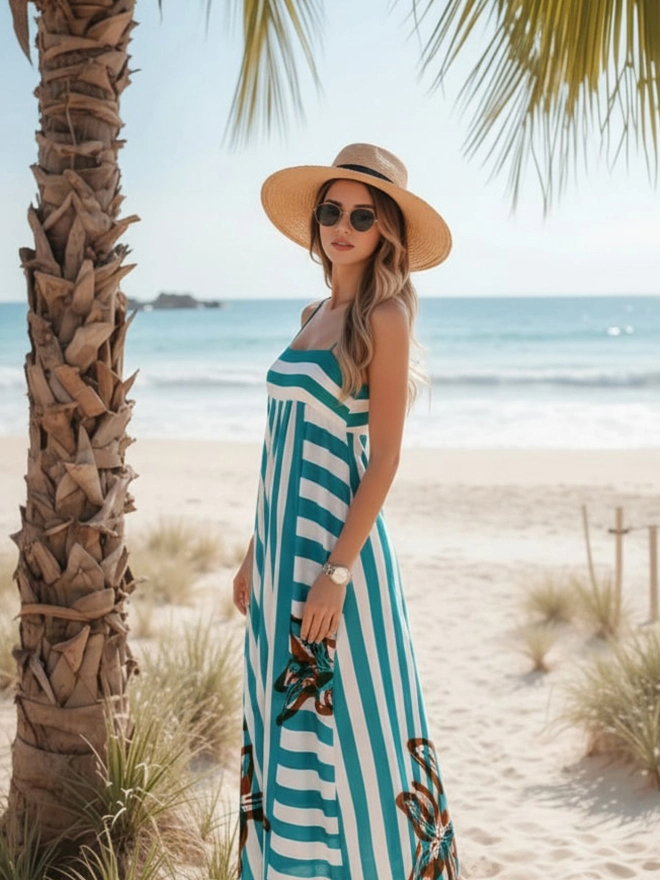 Tropical Vacation Stripe Starfish Print Spaghetti Strap Maxi Dress