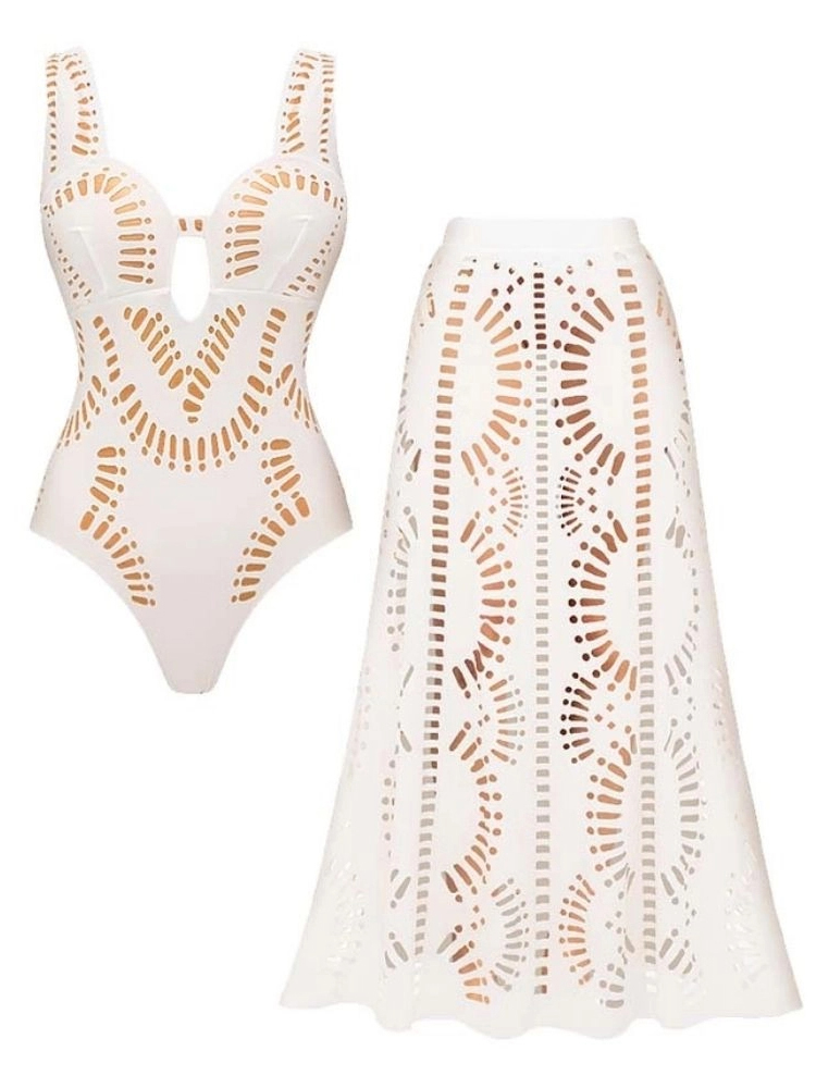 White Geometric Laser Cut Swimsuit with Matching Cover Up Skirt