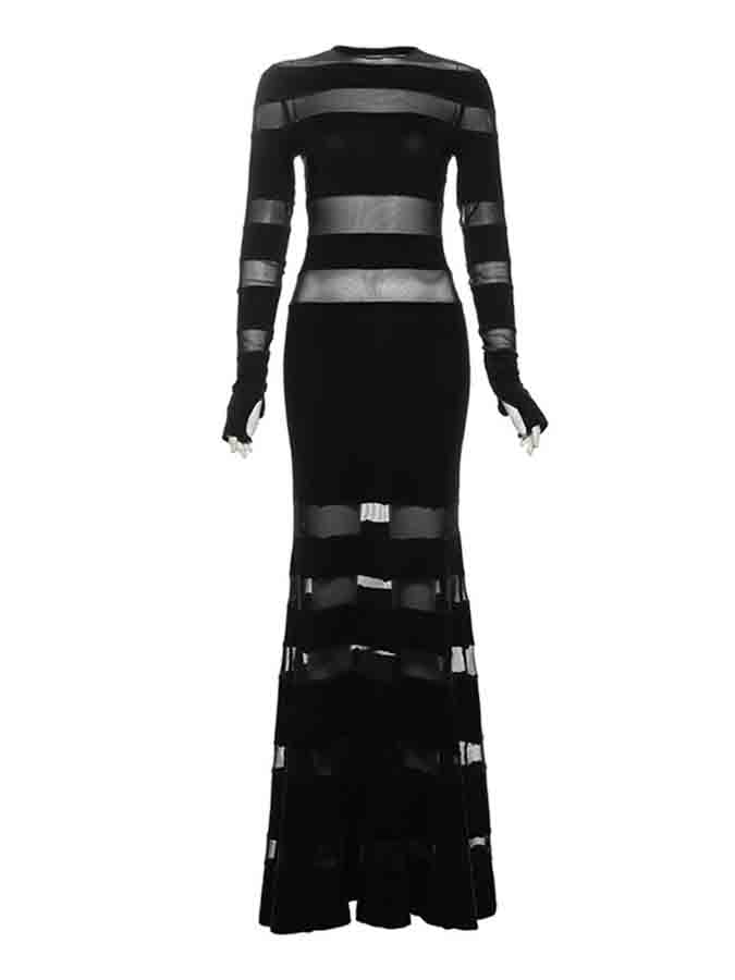 Mesh Paneled Long Sleeves Slim Maxi Evening Dress