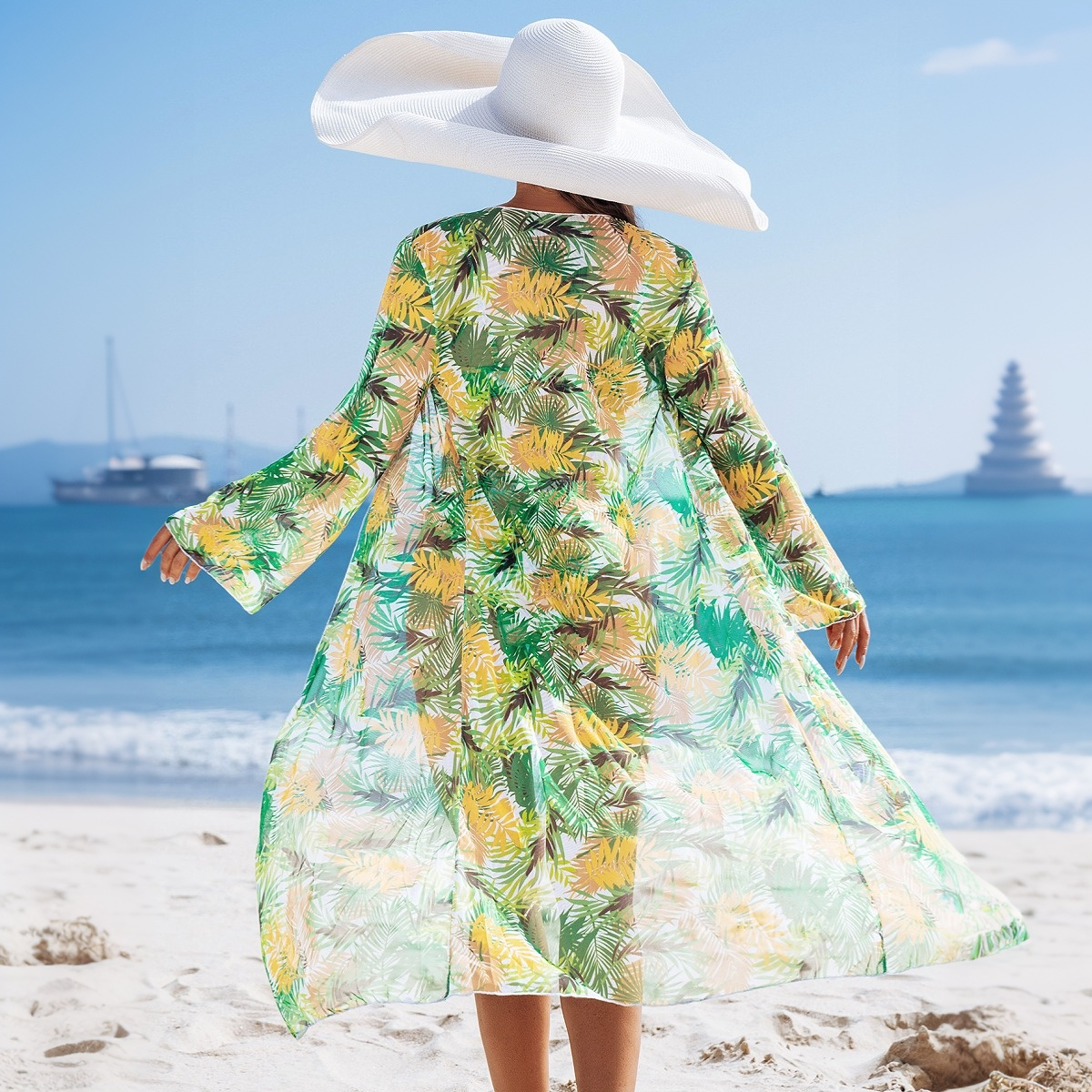 Tropical Print Three Piece Bikini Set with Side Tie Bottom and Sheer Cover-Up