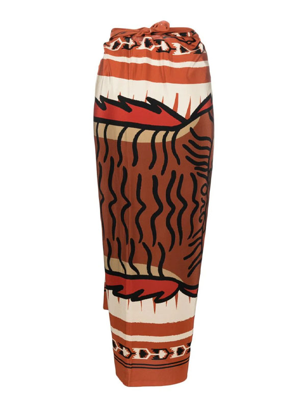 Caramel Halter Ruched High-Waist Bikini with Ethnic Tiger Print Wrap Skirt Set