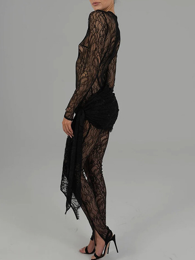 Lace Long Sleeves See-through Slim Fit Jumpsuit