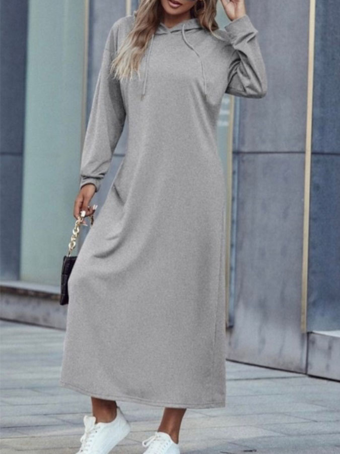 Solid Long Sleeves Hoodie Casual Maxi Dress