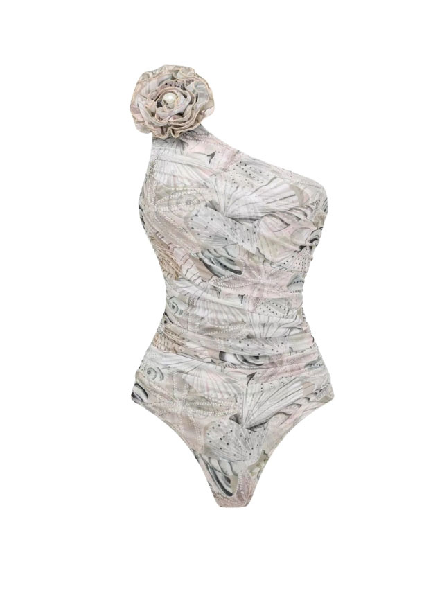 Ocean Shell One-Shoulder 3D Floral One-Piece with Matching Skirt