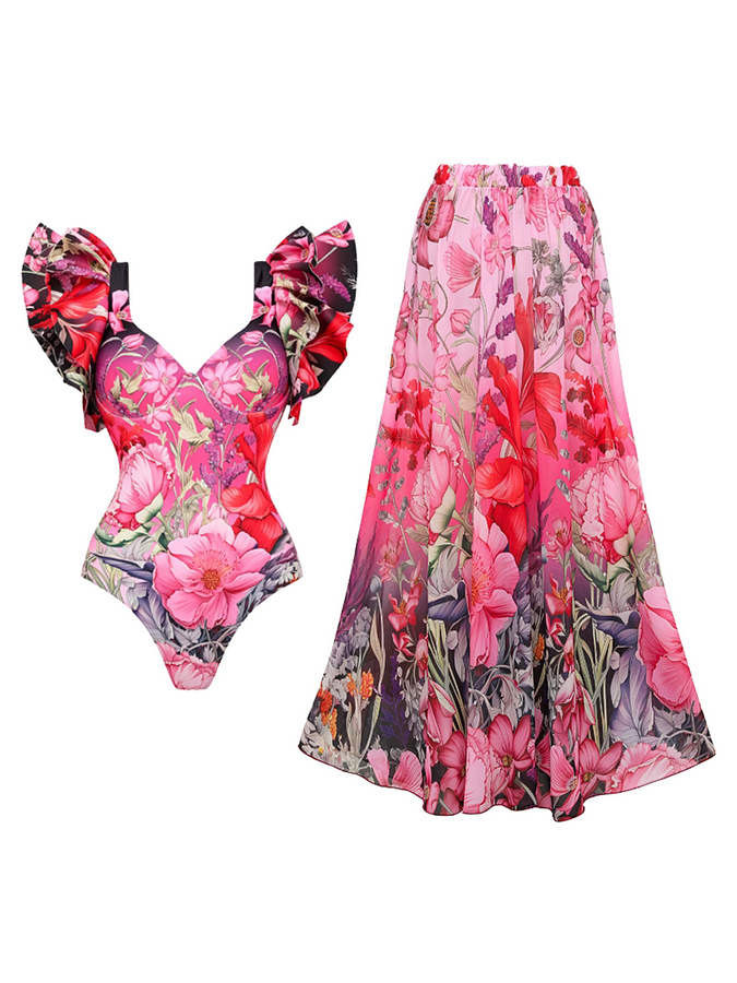 Ruffled Blooming Flowers Print One Piece Swimsuit and Sarong