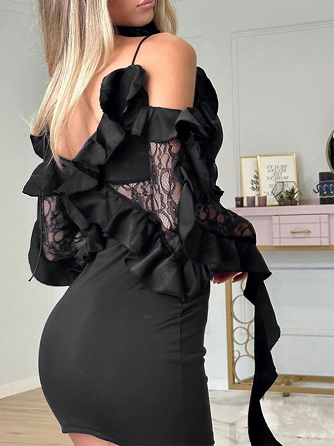 Lace Paneled Ruffle Sleeves Tassel Mini Party Dress