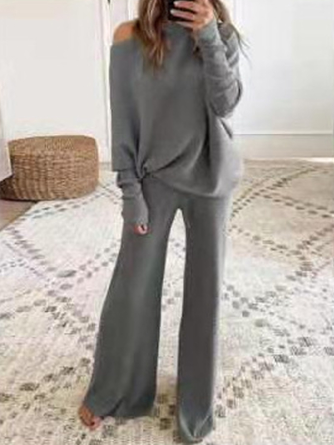 Knitted Long Sleeves Solid Top and Pants Two Pieces Sets