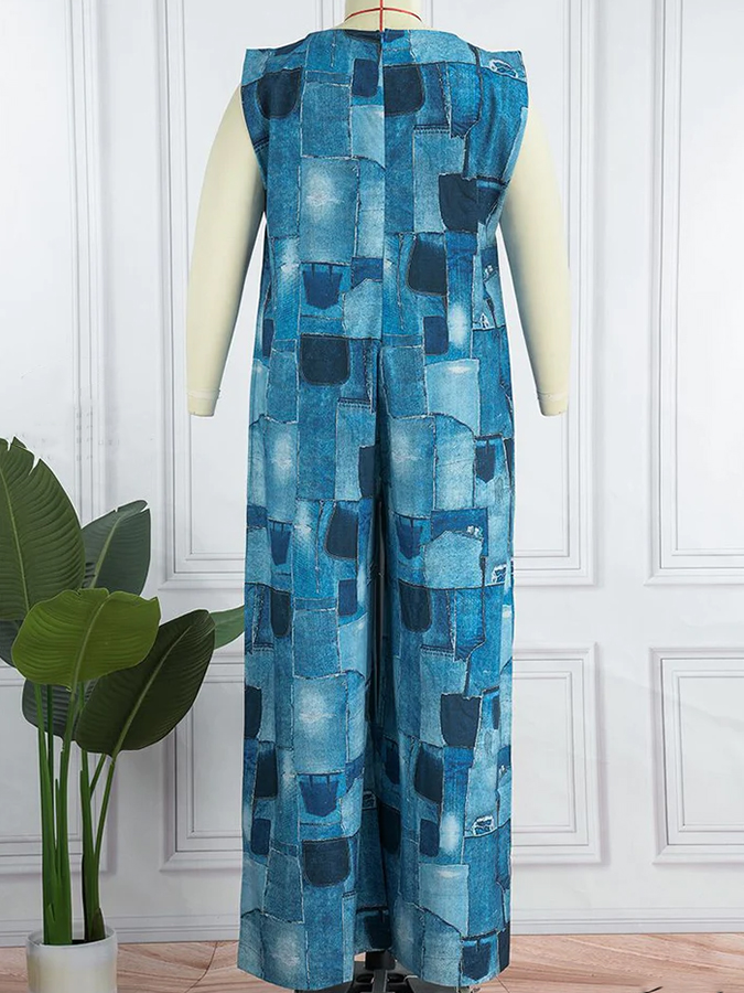 Women Casual Print Patchwork O-Neck Jumpsuit