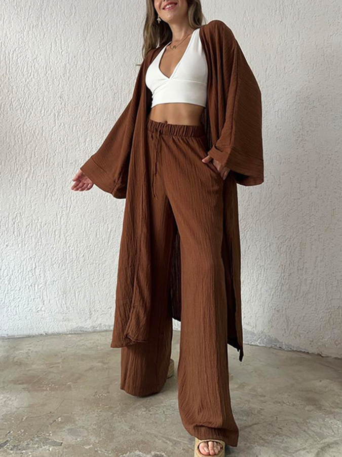 Casual Long Sleeved Cardigan and Wide Leg Pants Sets