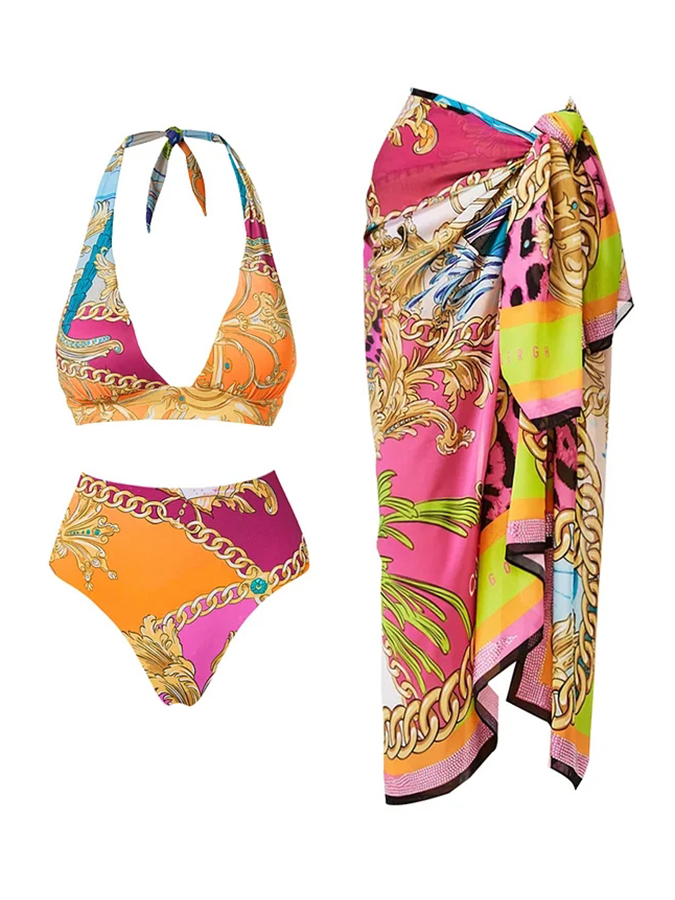 Round Neck Shell Printed One Piece Swimsuit and Sarong