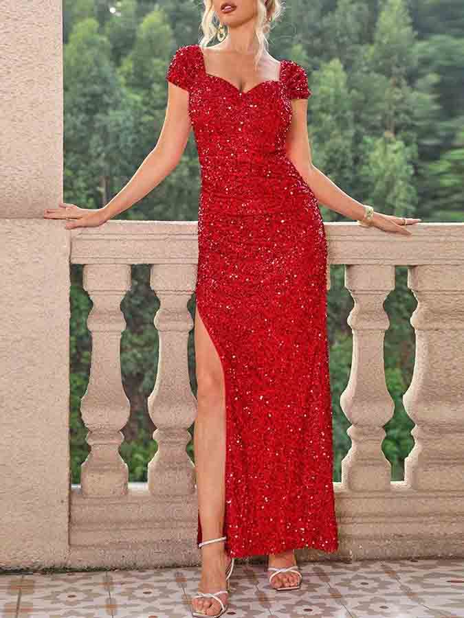 Sequined Slit Slim Stunning Maxi Evening Dress