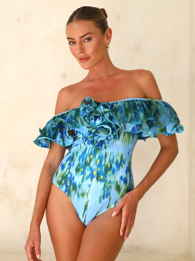 Lake Blue Water Lily Print Off Shoulder One-Piece with Ruffle Maxi Skirt