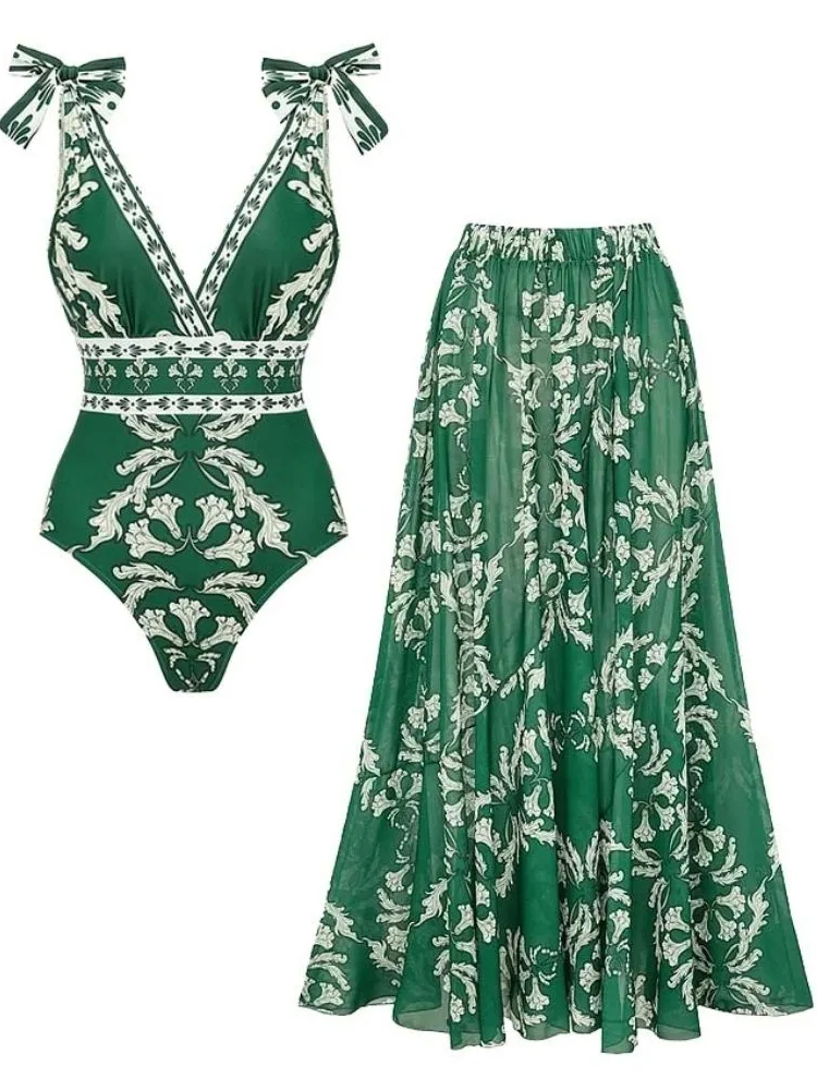 V Neck Lace Up Printed Swimsuit and Skirt