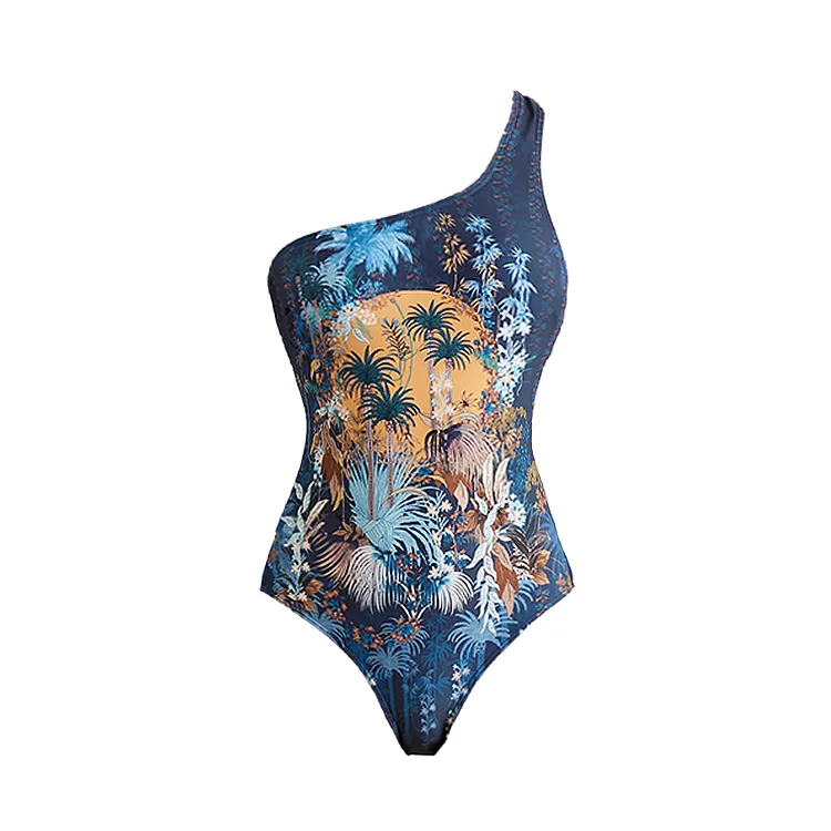 Women's One-Shoulder Scenery Under Moonlight Print One-Piece Swimsuit with Skirt