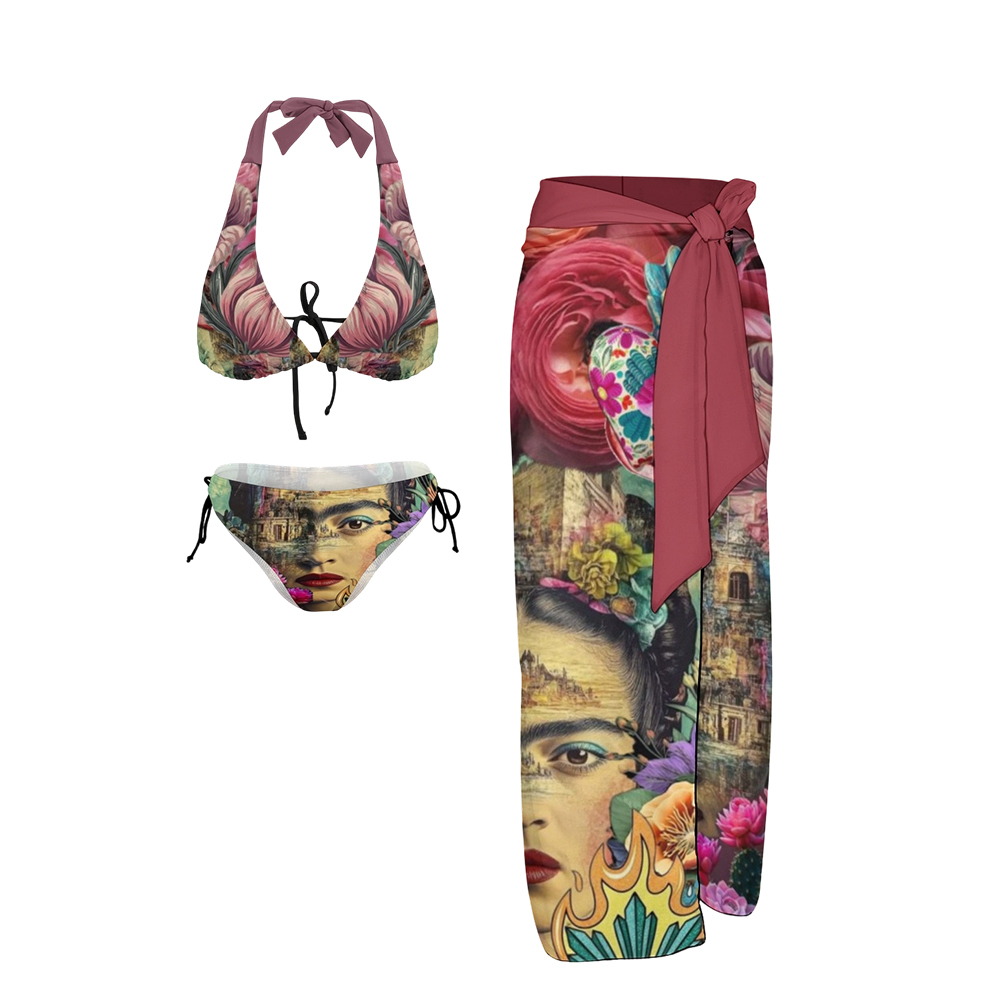 Halter Neck Bikini Set with Frida Kahlo with Milagro Print Tie-Front Top Side-Tie Shorts & Matching Skirt