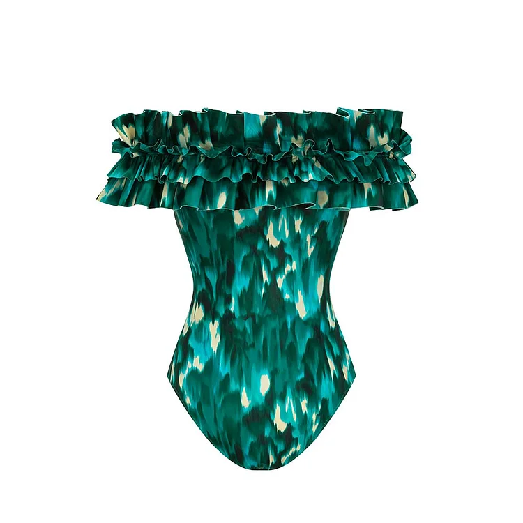 Women's Off Shoulder Ruffled Green Blooming Print One Piece Swimsuit and Mesh Splicing Sarong