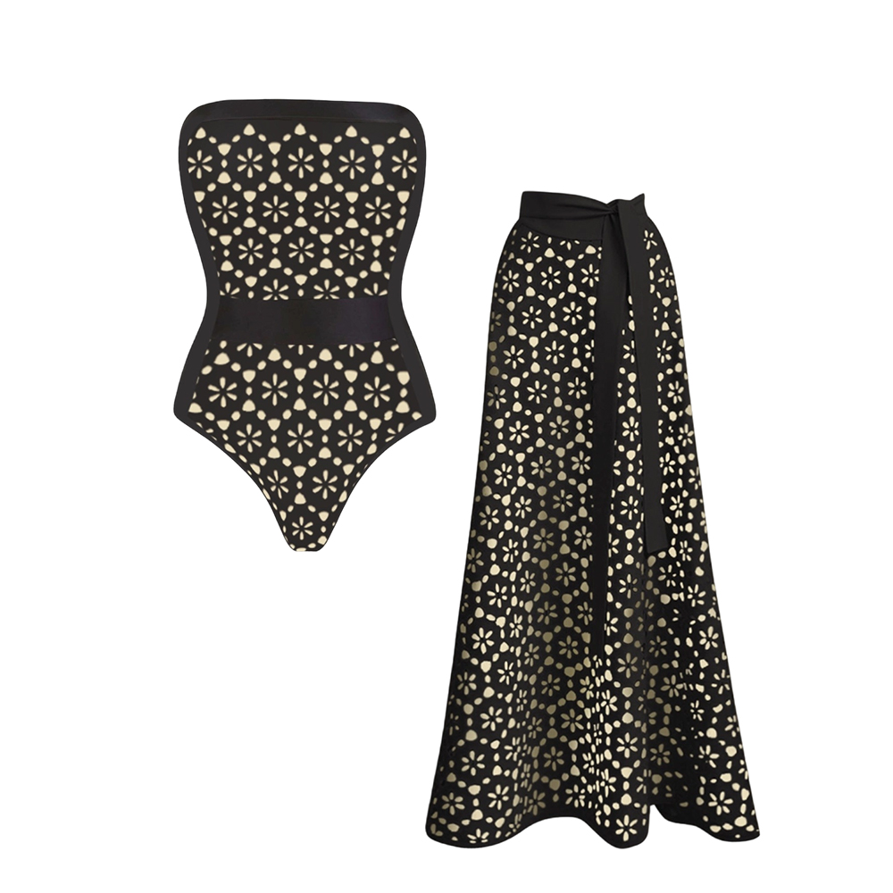New Black Laser-Cut Cutout Bandeau One-Piece Swimsuit Set with Skirt