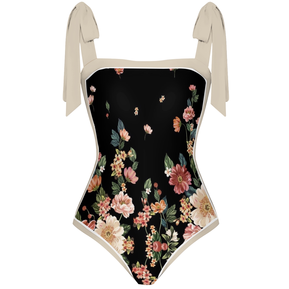 Women's Floral Bow Straps One-Piece Swimsuit and Matching Sarong Skirt