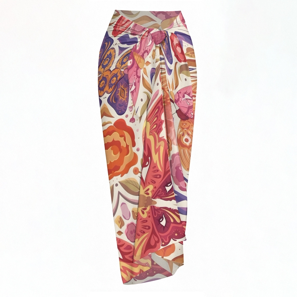 Burnt Orange Halter Bikini Top with Abstract Print Bottom and Wrap Skirt