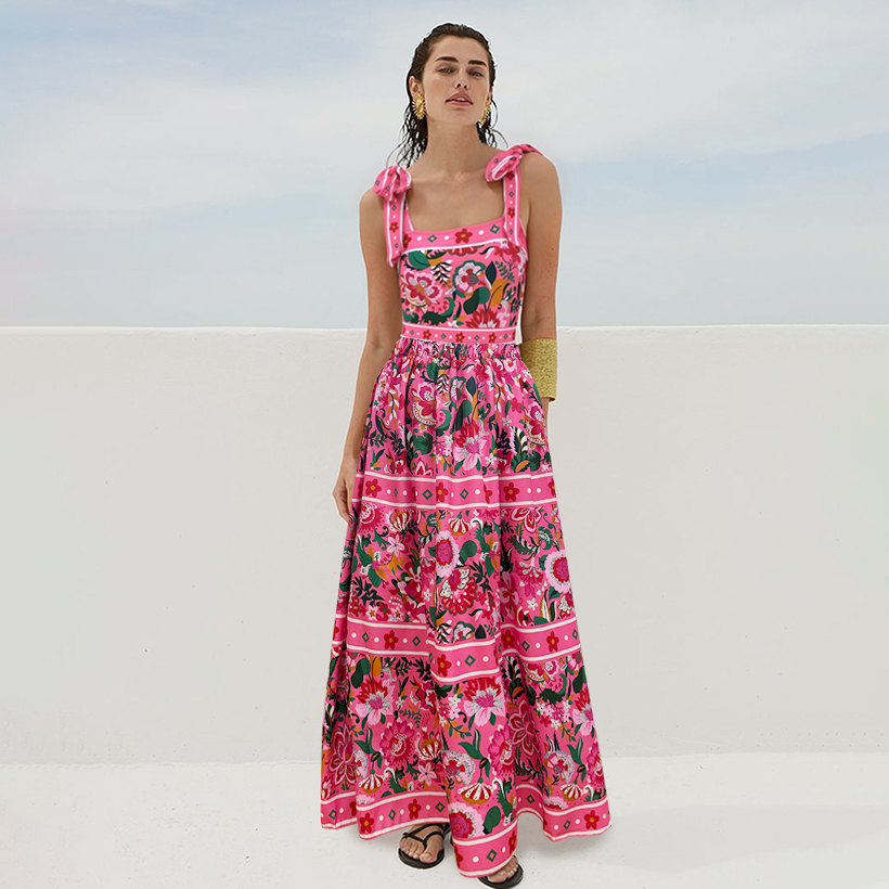 Pink Floral Paradise Print One Piece Swimsuit and Skirt