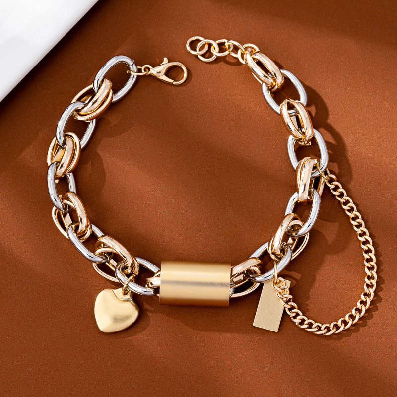 Gold and Silver Chain Bracelet Heart Charm Mixed Metal Fashion Jewelry for Women