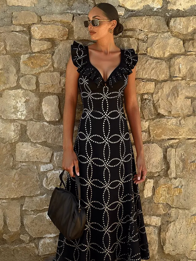 Underwired Black Ruffle Laser Cutting Flower Swimsuit and Skirt