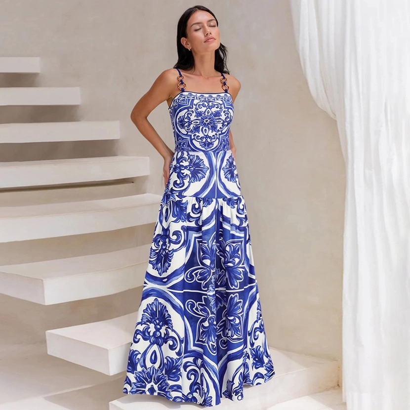 Sling Classic Majolica Series Pattern Print One Piece Swimsuit and Skirt - Blue