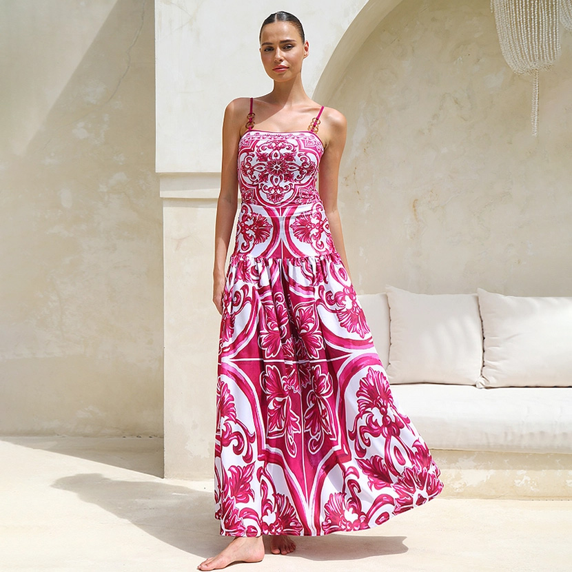 Sling Classic Majolica Series Pattern Print One Piece Swimsuit and Skirt - Pink