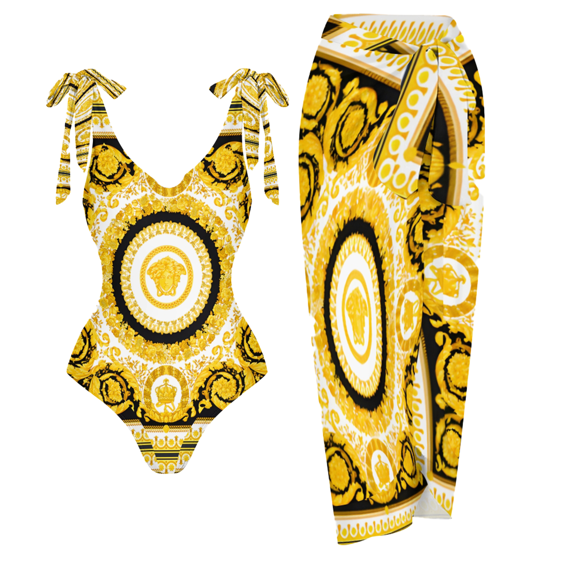 Women's Luxurious Baroque Medusa Pattern Fabric in Black and Gold One-Piece Swimsuit with Skirt