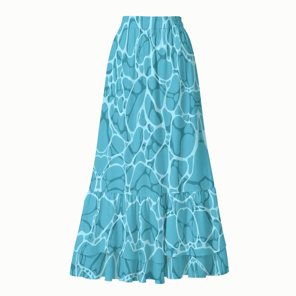 Ruffle V-Neck Aqua Ripple One-Piece Swimsuit and Flowing Tiered Maxi Skirt