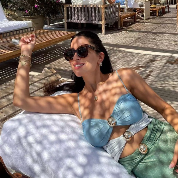 Colorblock One Piece Swimsuit with Gold Accents Detail and Matching Wrap Skirt