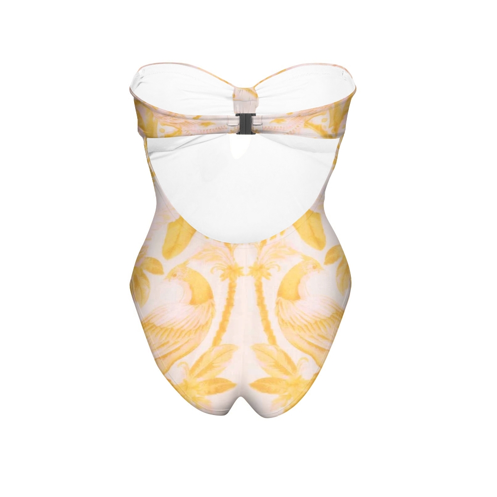 Vintage Floral Strapless Keyhole Detail One-Piece Swimsuit with Matching Sarong Skirt