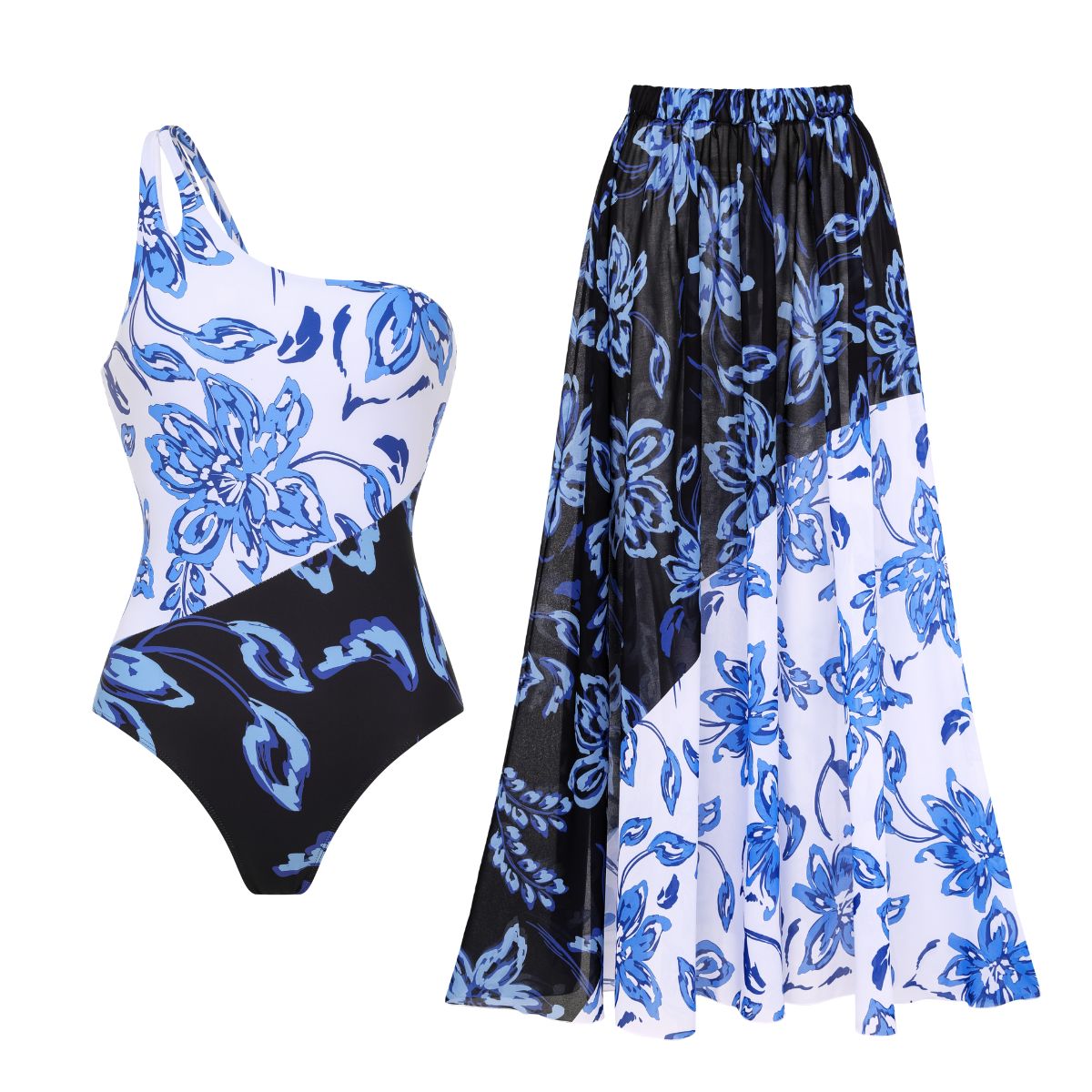 One Shoulder Color Block Printed One Piece Swimsuit and Skirt