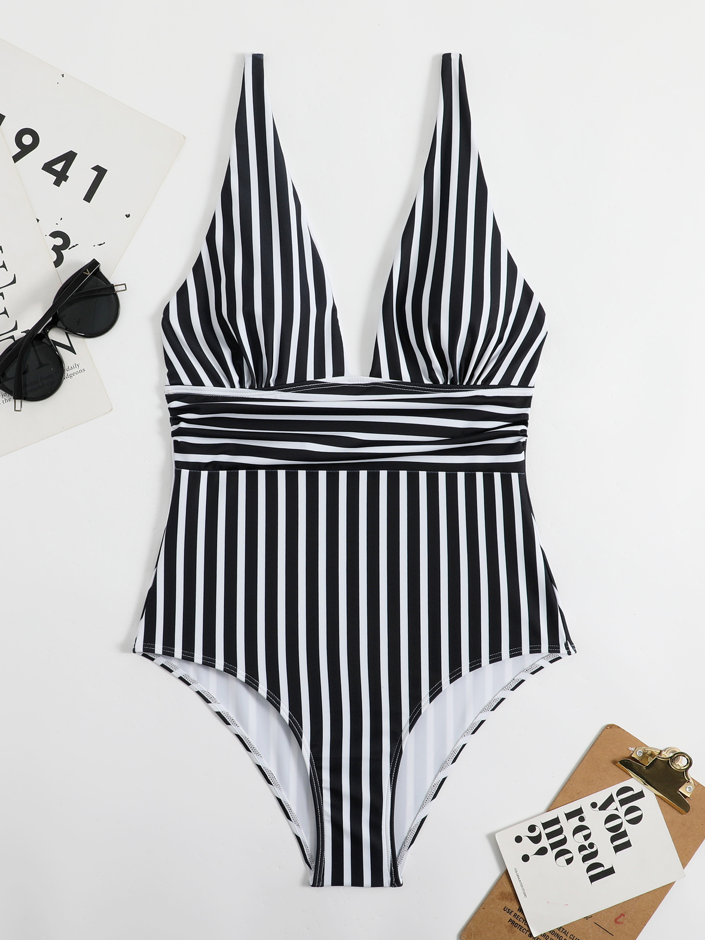 Sexy Striped V-Neck Waist-Defining One-Piece Swimsuit