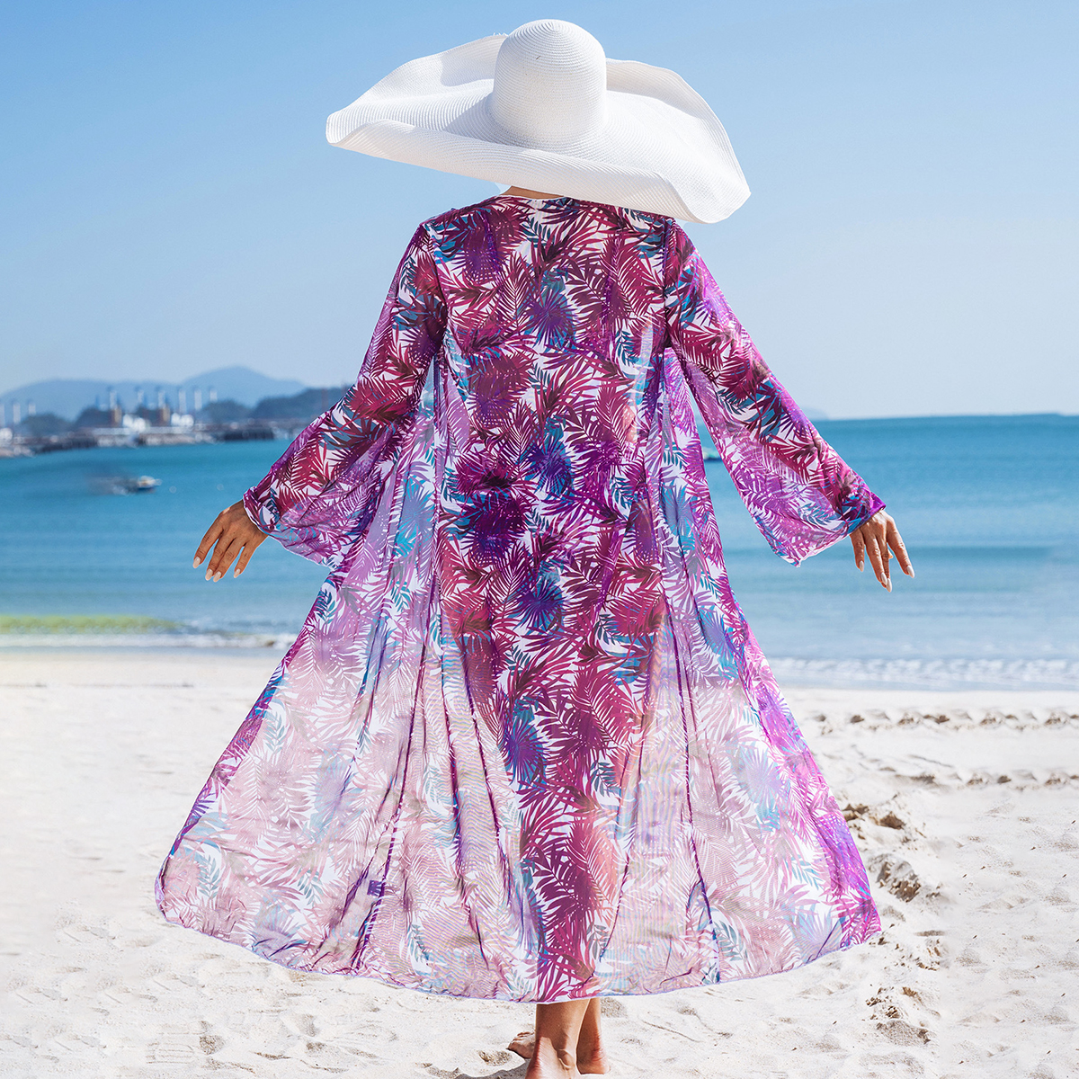 Tropical Print Three Piece Bikini Set with Side Tie Bottom and Sheer Cover-Up