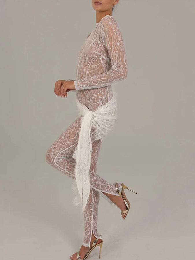Lace Long Sleeves See-through Slim Fit Jumpsuit