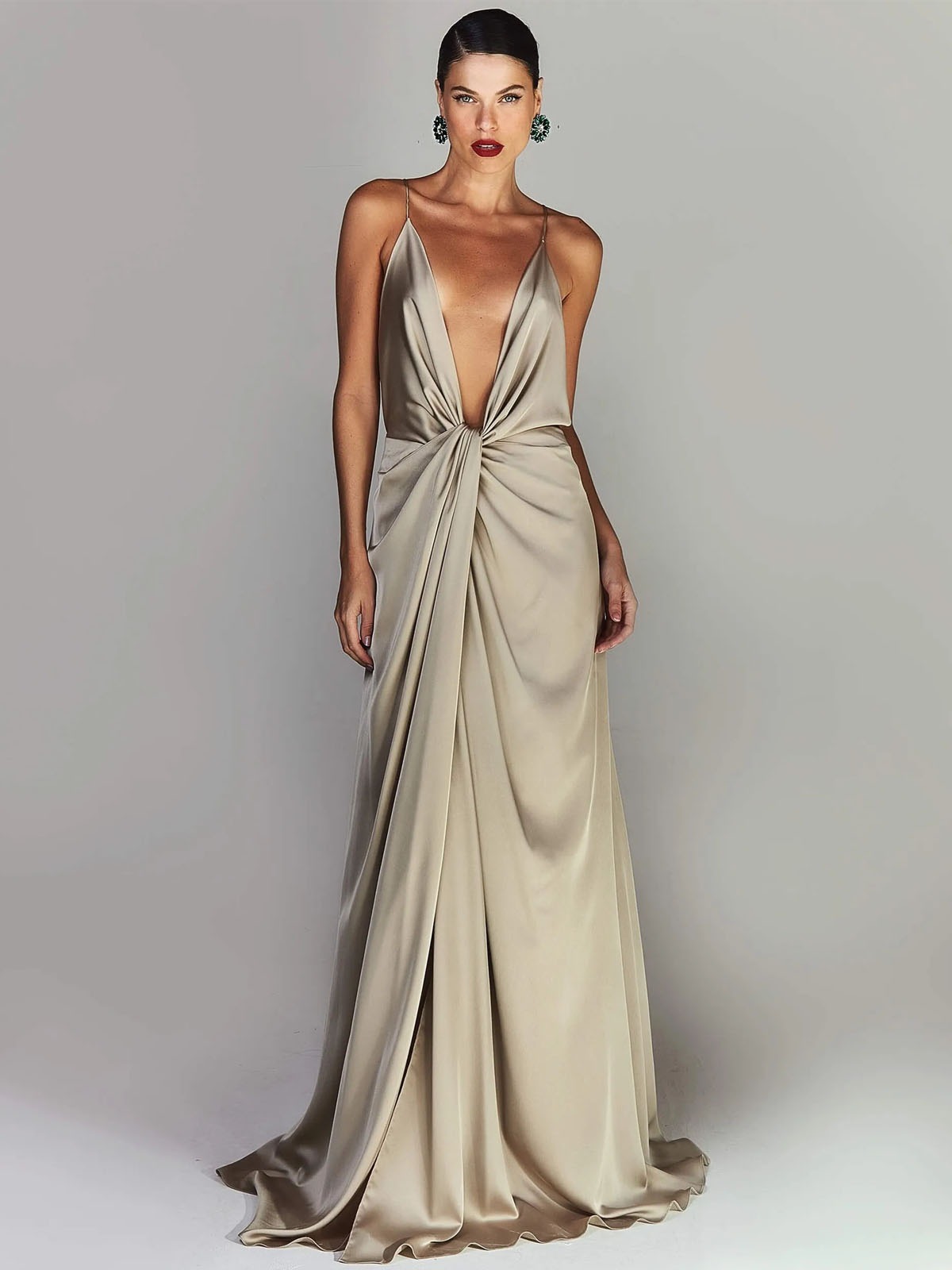 LONG SATIN PARTY DRESS WITH NECKLINE