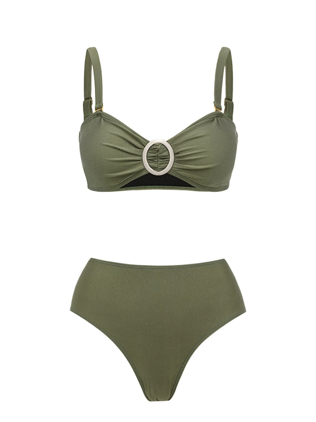 Luxury Olive Green Rhinestone Mesh Draped Halter O-Ring Bikini with High Waist Split Skirt 3 Piece Set