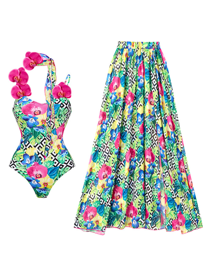 3D Orchid One Piece Swimsuit With Neck Scarf and Skirt