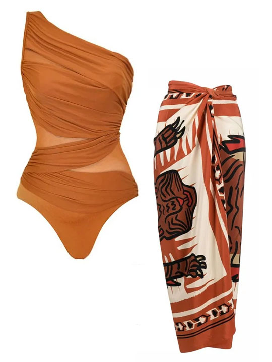 Caramel One-Shoulder Ruched Cutout One Piece Swimsuit with Skirt Set