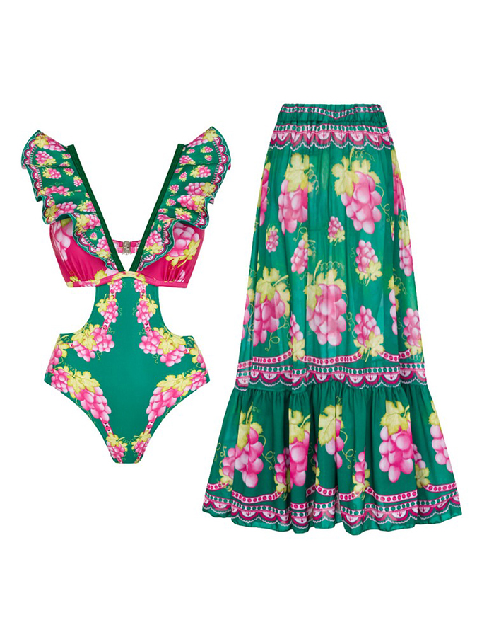 Ruffled Deep V Cutout Retro Green Grapes Print One Piece Swimsuit and Skirt