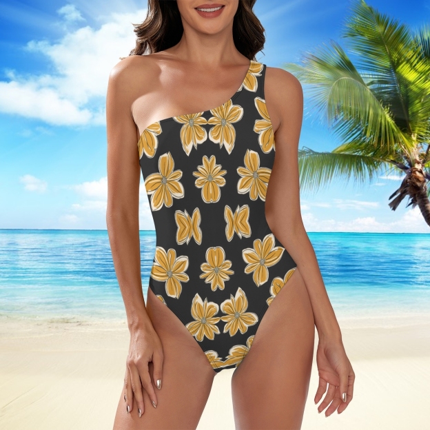 Floral Print One-Shoulder One-Piece Swimsuit and Mini Tie Wrap Skirt