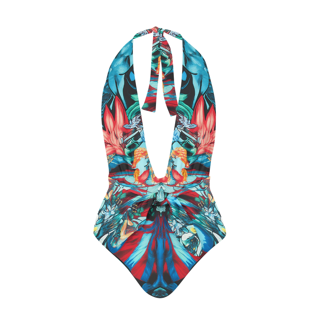 Boho Exotic Tropical Halter One-Piece Swimsuit with Sarong Skirt
