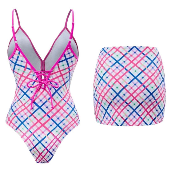 Women's Plaid Print One-Piece Swimsuit and Matching Skirt